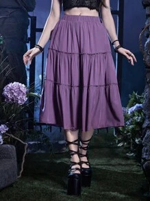 ROMWE Goth Chất rắn Lá sen tỉa Xù Hoa Sen Váy - Màu tím - Xem 4