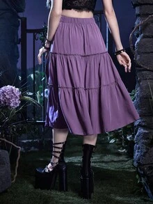 ROMWE Goth Chất rắn Lá sen tỉa Xù Hoa Sen Váy - Màu tím - Xem 5