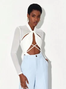 NEW FEMME Mặt trước xoắn Cắt ra Áo liền quần chặt - trắng - Xem 3