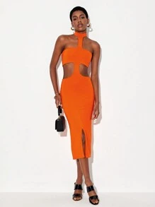 House of Dani.B 鏤空高衩繞頸露背緊身連衣裙 - 橘色 - 查看 1
