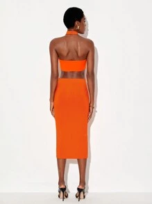 House of Dani.B 鏤空高衩繞頸露背緊身連衣裙 - 橘色 - 查看 2