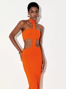 House of Dani.B 鏤空高衩繞頸露背緊身連衣裙 - 橘色 - 查看 3