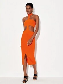 House of Dani.B 鏤空高衩繞頸露背緊身連衣裙 - 橘色 - 查看 5