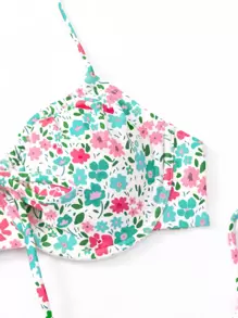 SHEIN Swim Summer Beach Floral Print Halter Tie Side Bikini Set - White - View 4