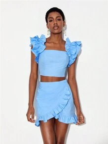 House of Dani.B 设计师荷叶边短款上衣和裹身下摆半身裙，适合度假 - 淺藍色 - 查看 4