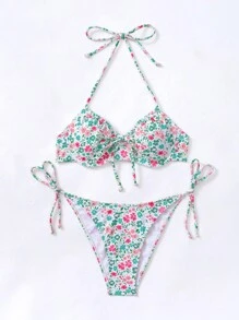 SHEIN Swim Summer Beach Floral Print Halter Tie Side Bikini Set - White - View 6