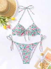 SHEIN Swim Summer Beach Floral Print Halter Tie Side Bikini Set - White - View 7