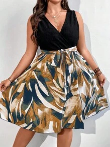 SHEIN LUNE 大碼筆刷圖案繫腰帶連衣裙 - 彩色 - 查看 3