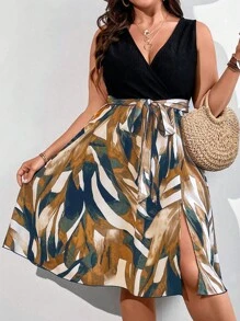 SHEIN LUNE 大碼筆刷圖案繫腰帶連衣裙 - 彩色 - 查看 5