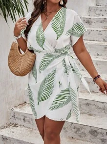 SHEIN Clasi 夏季加大树叶印花蝙蝠袖结饰侧裹身连衣裙