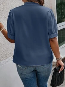 Auvina 大碼繫帶領泡泡袖襯衫 - 藍色 - 查看 2