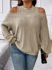 SHEIN Franclia Plus Cold Shoulder Ribbed Knit Sweatshirt - Apricot - View 1