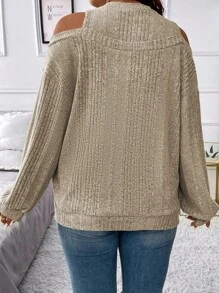 SHEIN Franclia Plus Cold Shoulder Ribbed Knit Sweatshirt - Apricot - View 2