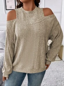 SHEIN Franclia Plus Cold Shoulder Ribbed Knit Sweatshirt - Apricot - View 3
