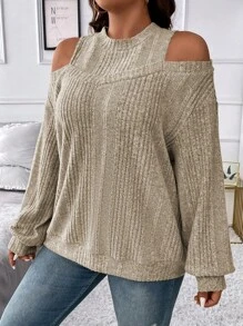 SHEIN Franclia Plus Cold Shoulder Ribbed Knit Sweatshirt - Apricot - View 4