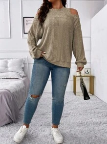 SHEIN Franclia Plus Cold Shoulder Ribbed Knit Sweatshirt - Apricot - View 5