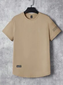 Manfinity VCAY Áo thun nam họa tiết vá hình khẩu hiệu, mùa hè - Màu Khaki - Xem 1