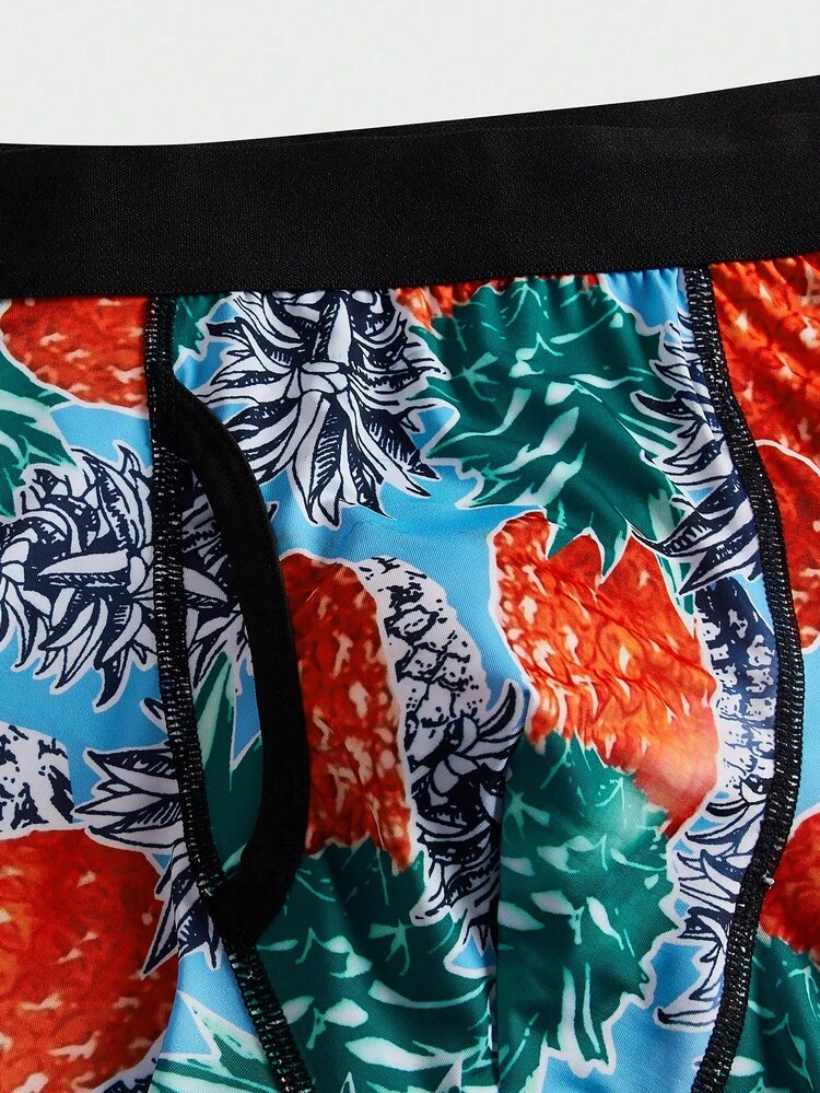 Men Pineapple Print Contrast Tape Top-stitching Boxer Brief