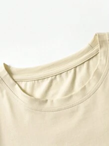 ROMWE MEN Academia Hombres Camiseta de hombros caídos mano con estampado de slogan - Caqui - Ver 5