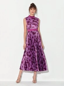 Sangeetha Mock Neck Allover Print Pleated Hem Dress - Purple - View 1