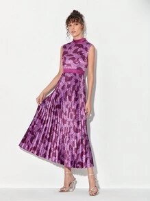 Sangeetha Mock Neck Allover Print Pleated Hem Dress - Purple - View 3