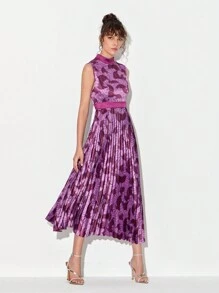 Sangeetha Mock Neck Allover Print Pleated Hem Dress - Purple - View 4