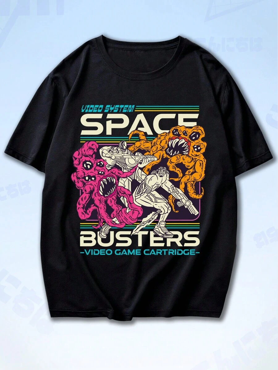 ROMWE MEN Anime 男士字母人物圖案T恤 - 黑色 - 查看 1