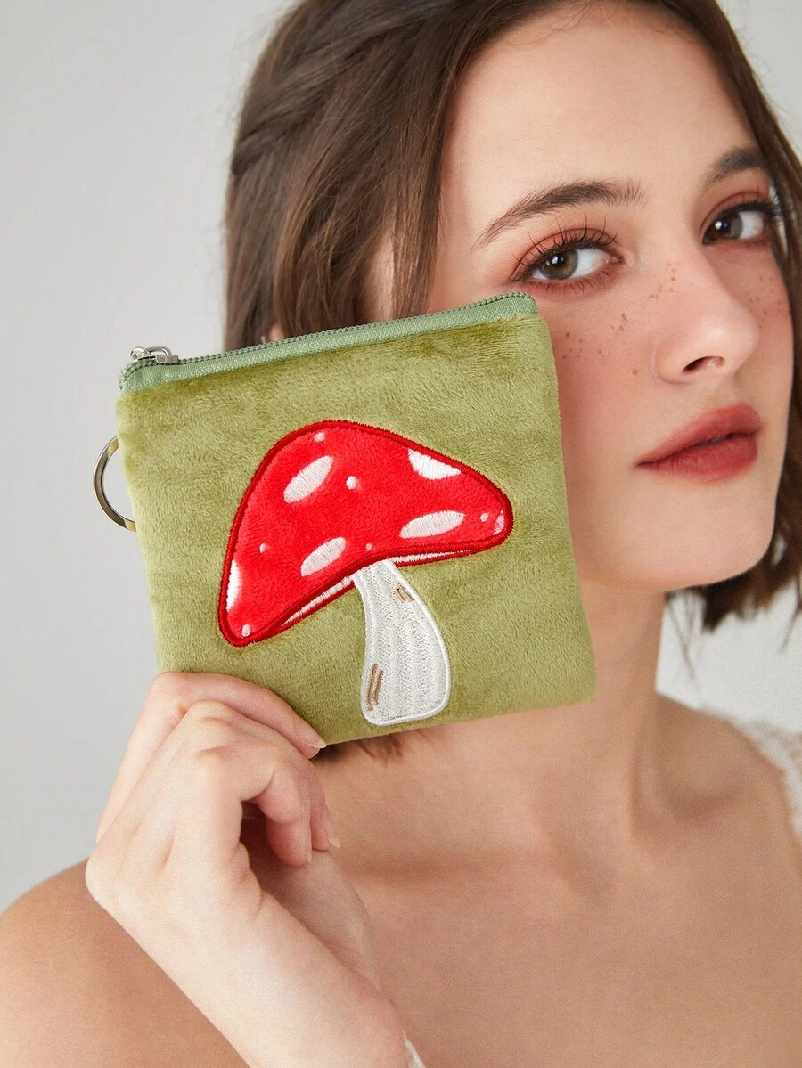 ROMWE Fairycore Mini Coin Purse Cute Mushroom Embroidery With Zipper - Green - View 1