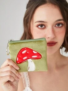 ROMWE Fairycore Mini Coin Purse Cute Mushroom Embroidery With Zipper - Green - View 3