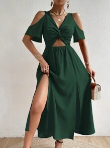 Chiquease Vai lạnh Mặt trước xoắn Tách đùi Đầm - Màu xanh lá cây đậm - Xem 1