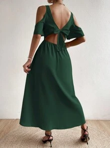 Chiquease Vai lạnh Mặt trước xoắn Tách đùi Đầm - Màu xanh lá cây đậm - Xem 2