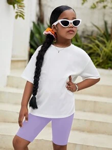 SHEIN Leap Crew 青少年女孩口号卡通印花圆领落肩 T 恤和自行车短裤休闲两件套服装 - 紫丁香色 - 查看 3