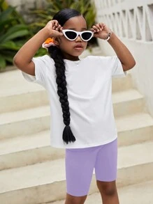 SHEIN Leap Crew 青少年女孩口号卡通印花圆领落肩 T 恤和自行车短裤休闲两件套服装 - 紫丁香色 - 查看 4