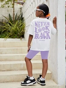 SHEIN Leap Crew 青少年女孩口号卡通印花圆领落肩 T 恤和自行车短裤休闲两件套服装 - 紫丁香色 - 查看 5