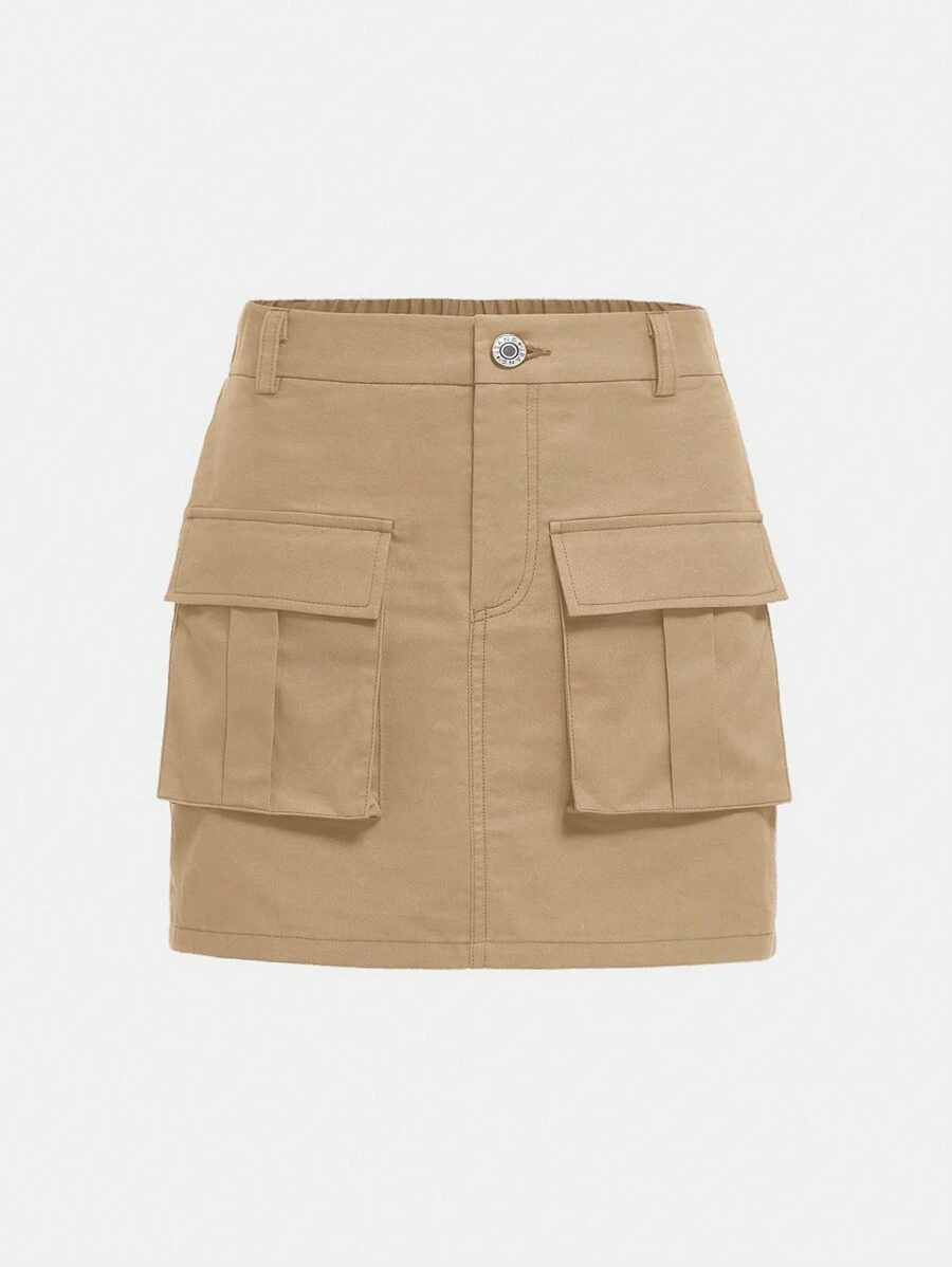 SHEIN Girlism 适合少女的带盖口袋编织休闲裙 - 卡其色 - 查看 1