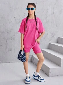 SHEIN Leap Crew Teen Girls Letter Embossed Drop Shoulder Tee & Cycling Shorts - Pink - View 3