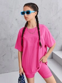 SHEIN Leap Crew Teen Girls Letter Embossed Drop Shoulder Tee & Cycling Shorts - Pink - View 4