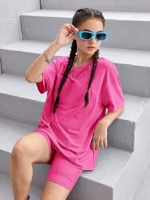 SHEIN Leap Crew Teen Girls Letter Embossed Drop Shoulder Tee & Cycling Shorts - Pink - View 5