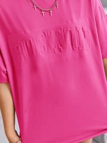 SHEIN Leap Crew Teen Girls Letter Embossed Drop Shoulder Tee & Cycling Shorts - Pink - View 6