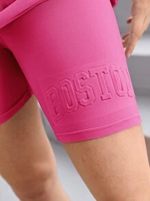 SHEIN Leap Crew Teen Girls Letter Embossed Drop Shoulder Tee & Cycling Shorts - Pink - View 7