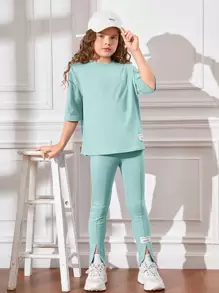 SHEIN Leap Crew Bộ hai mảnh Gái Đắp vá Chia màu trơn Giải trí - Màu xanh bạc hà - Xem 1