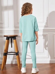 SHEIN Leap Crew Bộ hai mảnh Gái Đắp vá Chia màu trơn Giải trí - Màu xanh bạc hà - Xem 2