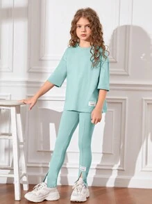 SHEIN Leap Crew Bộ hai mảnh Gái Đắp vá Chia màu trơn Giải trí - Màu xanh bạc hà - Xem 3