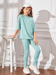 SHEIN Leap Crew Bộ hai mảnh Gái Đắp vá Chia màu trơn Giải trí - Màu xanh bạc hà - Xem 4