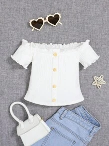 SHEIN Tops con gái lớn viền lá sen Gân đan Nút phía trước Xù nhỏ màu trơn Giải trí - trắng - Xem 1