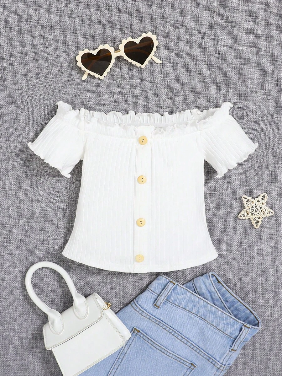 SHEIN Tops con gái lớn viền lá sen Gân đan Nút phía trước Xù nhỏ màu trơn Giải trí - trắng - Xem 1