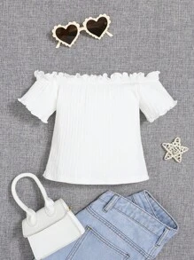 SHEIN Tops con gái lớn viền lá sen Gân đan Nút phía trước Xù nhỏ màu trơn Giải trí - trắng - Xem 2