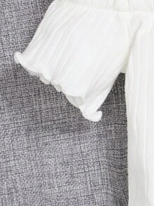 SHEIN Tops con gái lớn viền lá sen Gân đan Nút phía trước Xù nhỏ màu trơn Giải trí - trắng - Xem 3