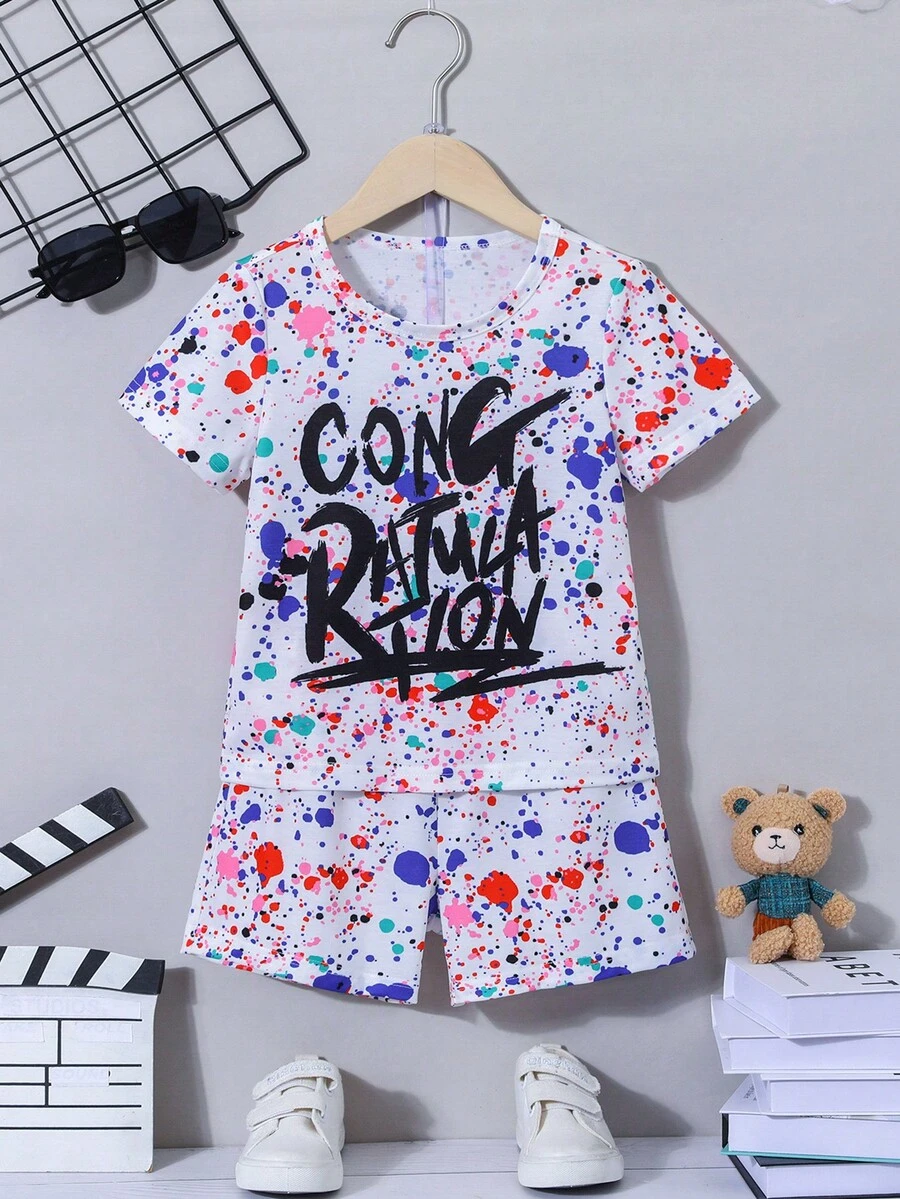 SHEIN Bộ thời trang bé trai Lá thư Giải trí - Nhiều màu - Xem 1