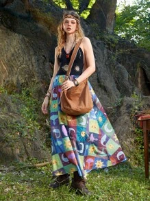 ROMWE Hippie Áo dệt kim nữ Lộ Lưng Buộc lại Đồ họa Boho - màu đen - Xem 4